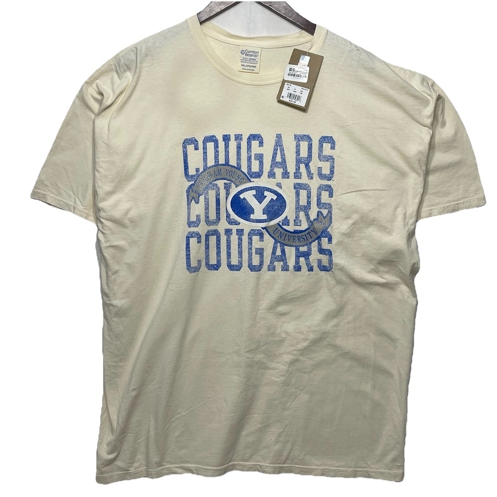 BYU Cougars Comfort Wash T-Shirt 2XL Cream Distressed Logo NWT